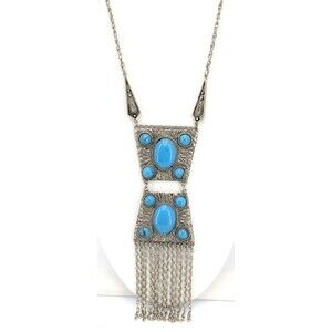 Vintage Fringe Pendant Necklace Faux Turquoise Silver Tone SW Boho 29in Tribal